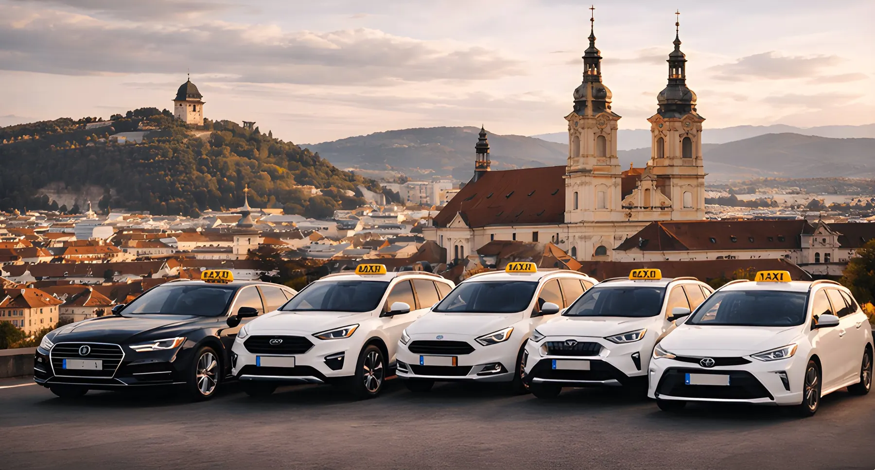 Flotte von Taxi Steiermark Graz: Audi A8, Ford Galaxy, Ford Kuga und Toyota vor der Grazer Altstadt